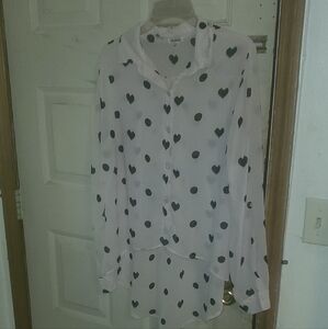 Sheer Pink Blouse with Black Heart Polka Dots